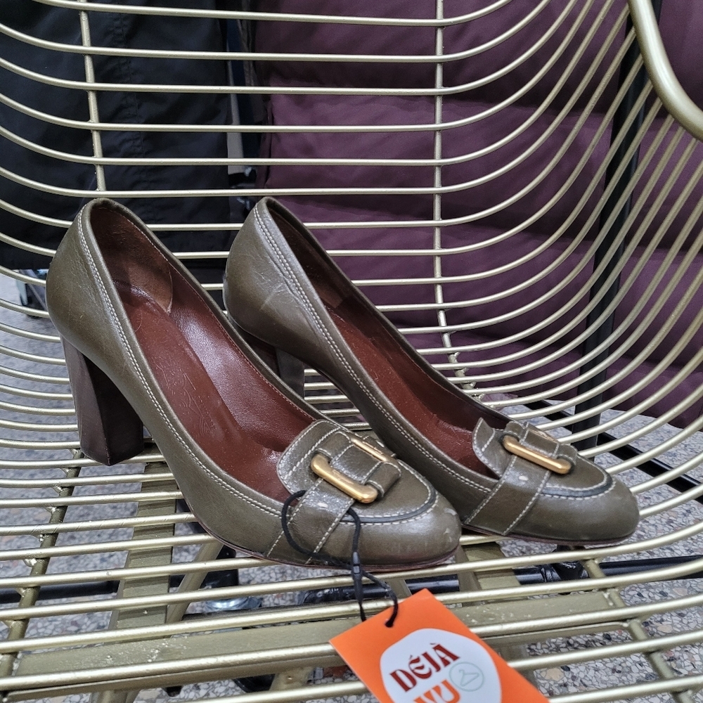 Ferragamo green leather loafer-style heels. Worn one time but too high for me.